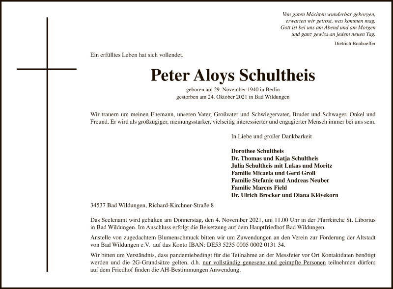  Traueranzeige für Peter Aloys Schultheis vom 30.10.2021 aus WLZ
