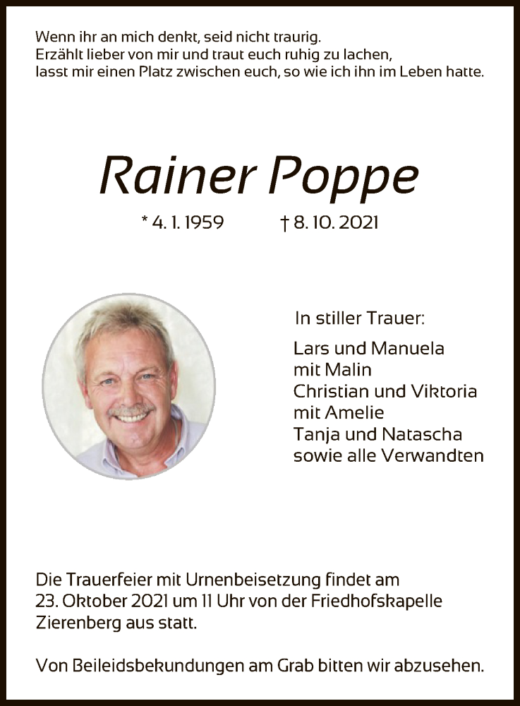  Traueranzeige für Rainer Poppe vom 20.10.2021 aus HNA