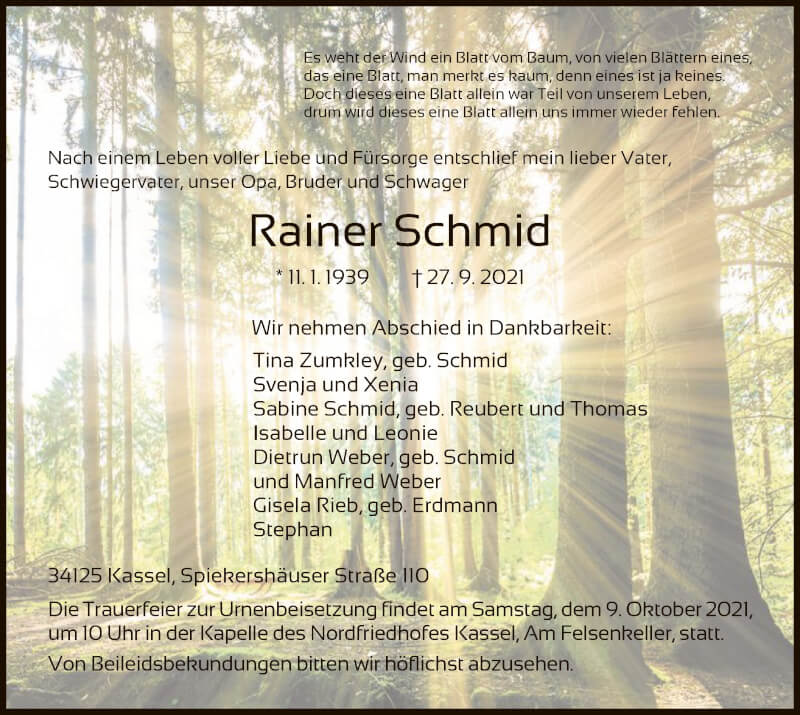  Traueranzeige für Rainer Schmid vom 02.10.2021 aus HNA