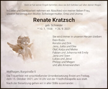 Traueranzeige von Renate Kratzsch von HNA