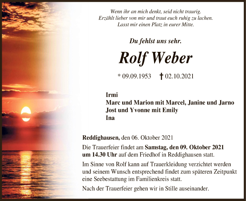  Traueranzeige für Rolf Weber vom 06.10.2021 aus HNA