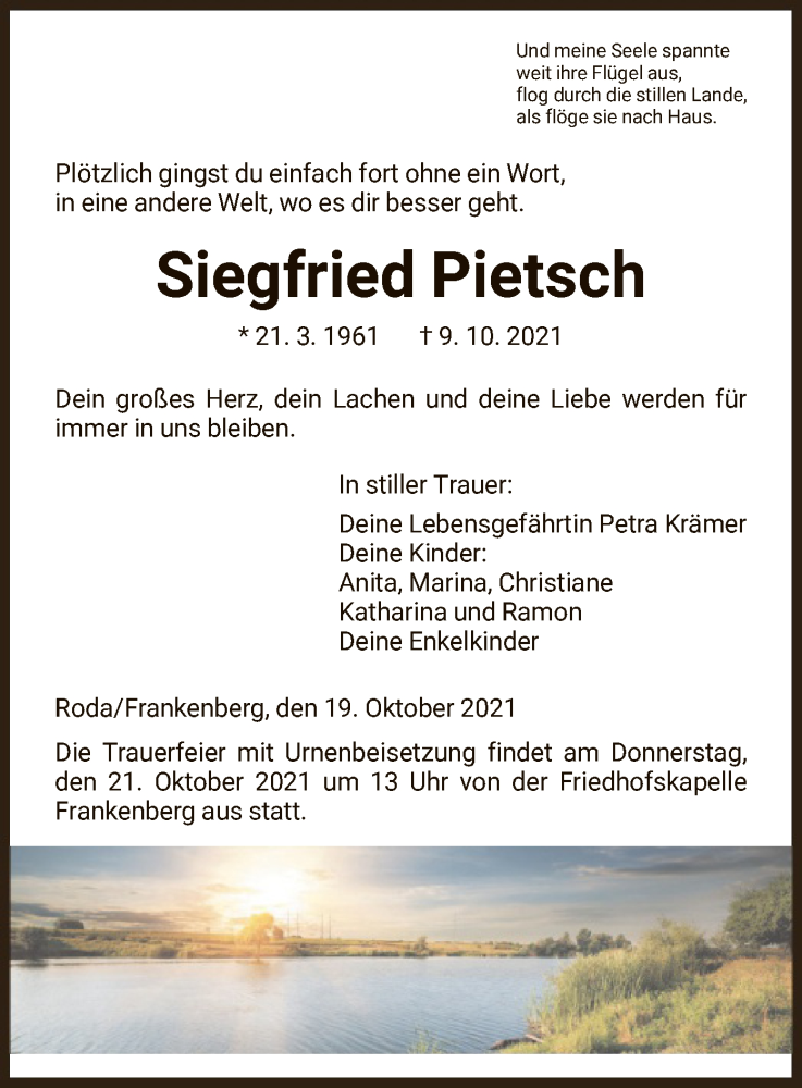  Traueranzeige für Siegfried Pietsch vom 19.10.2021 aus HNA
