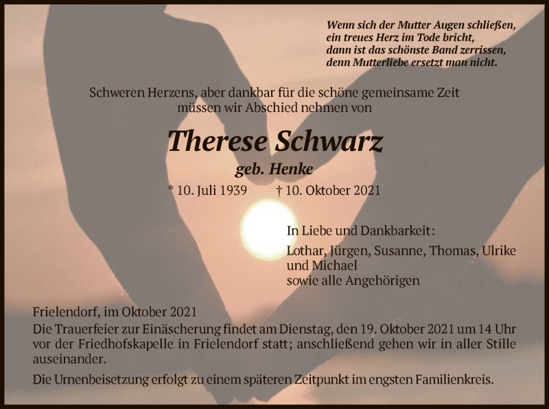  Traueranzeige für Therese Schwarz vom 13.10.2021 aus HNA