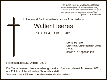 Traueranzeige von Walter Heeres von HNA