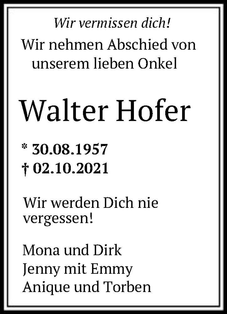  Traueranzeige für Walter Hofer vom 09.10.2021 aus HNA