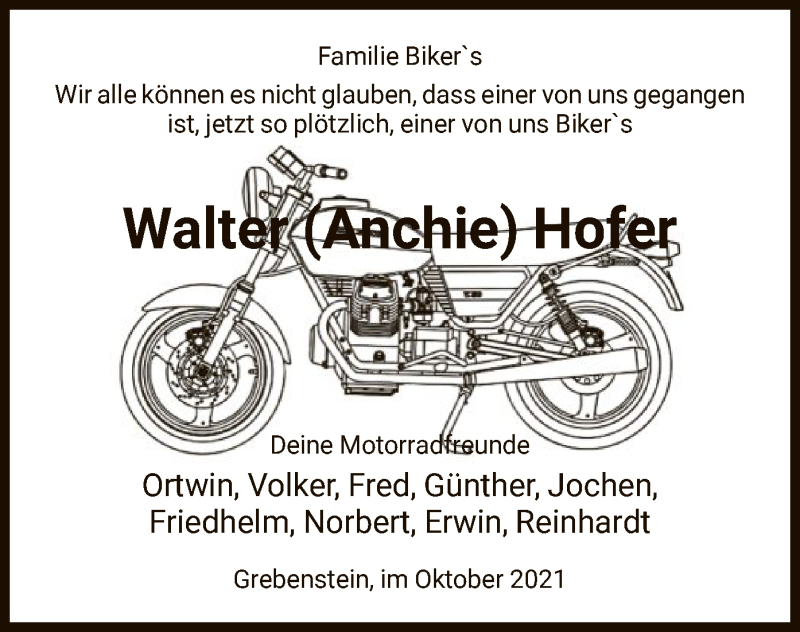  Traueranzeige für Walter Hofer vom 09.10.2021 aus HNA