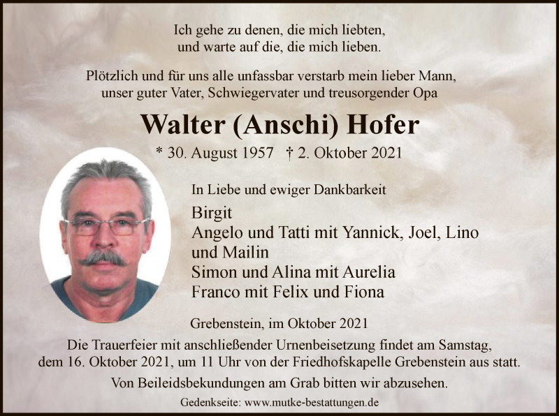  Traueranzeige für Walter Hofer vom 12.10.2021 aus HNA