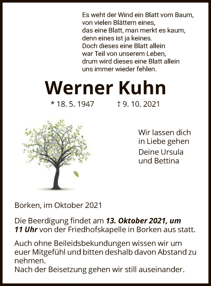  Traueranzeige für Werner Kuhn vom 12.10.2021 aus HNA