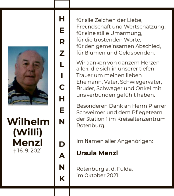 Traueranzeige von Wilhelm Menzl von HNA