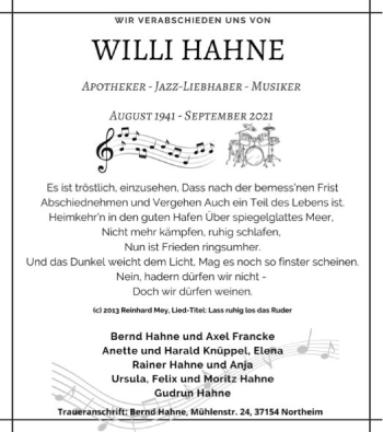 Traueranzeige von Willi Hahne von HNA