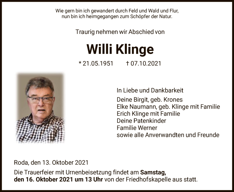  Traueranzeige für Willi Klinge vom 13.10.2021 aus HNA