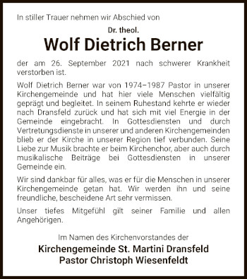Traueranzeige von Wolf Dietrich Berner von HNA