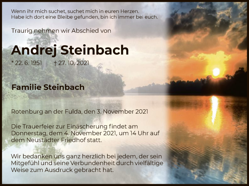  Traueranzeige für Andrej Steinbach vom 03.11.2021 aus HNA
