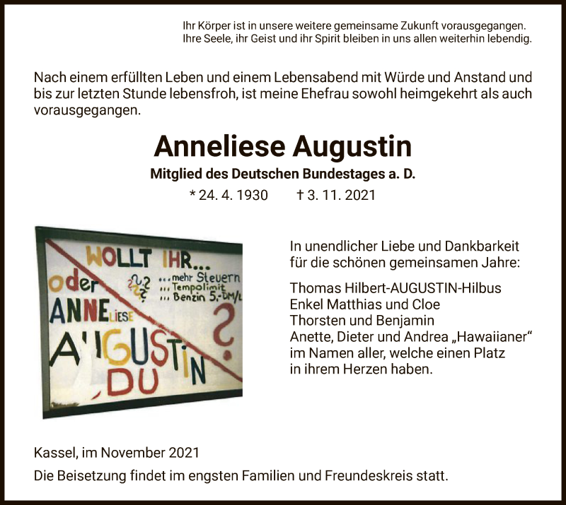  Traueranzeige für Anneliese Augustin vom 20.11.2021 aus HNA