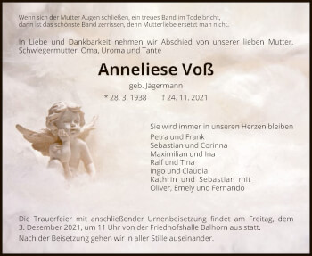 Traueranzeige von Anneliese Voß von HNA