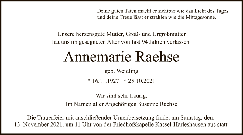  Traueranzeige für Annemarie Raehse vom 06.11.2021 aus HNA