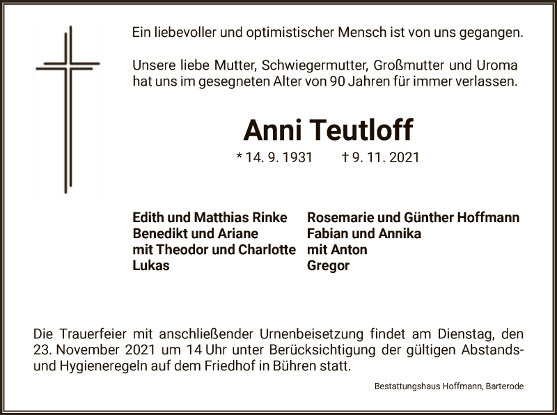  Traueranzeige für Anni Teutloff vom 20.11.2021 aus HNA