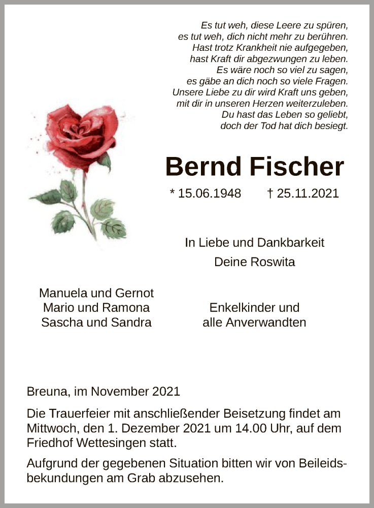 Traueranzeige für Bernd Fischer vom 30.11.2021 aus HNA