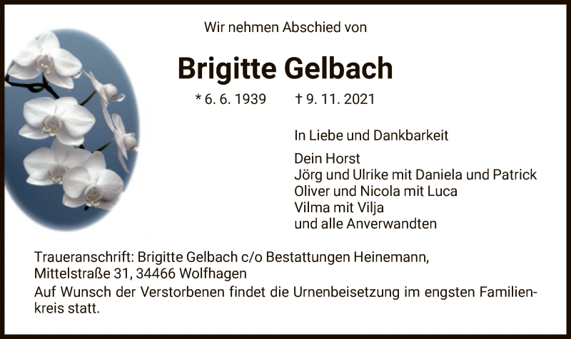  Traueranzeige für Brigitte Gelbach vom 23.11.2021 aus HNA