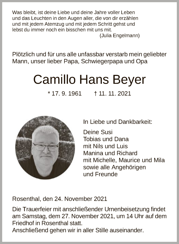  Traueranzeige für Camillo Hans Beyer vom 24.11.2021 aus HNA