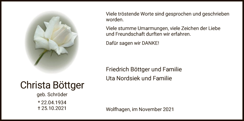  Traueranzeige für Christa Böttger vom 20.11.2021 aus HNA