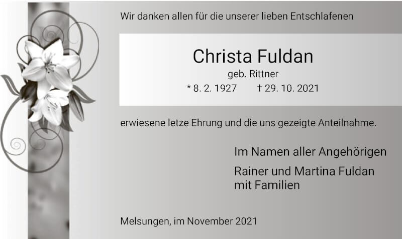  Traueranzeige für Christa Fuldan vom 27.11.2021 aus HNA