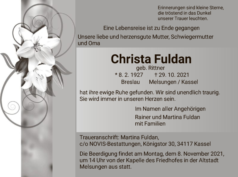  Traueranzeige für Christa Fuldan vom 06.11.2021 aus HNA