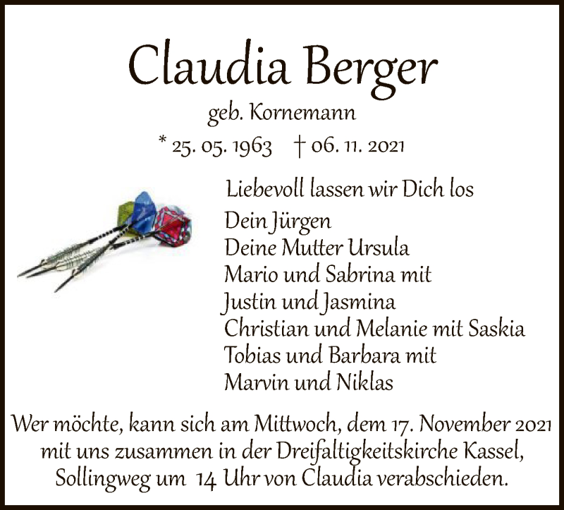  Traueranzeige für Claudia Berger vom 13.11.2021 aus HNA
