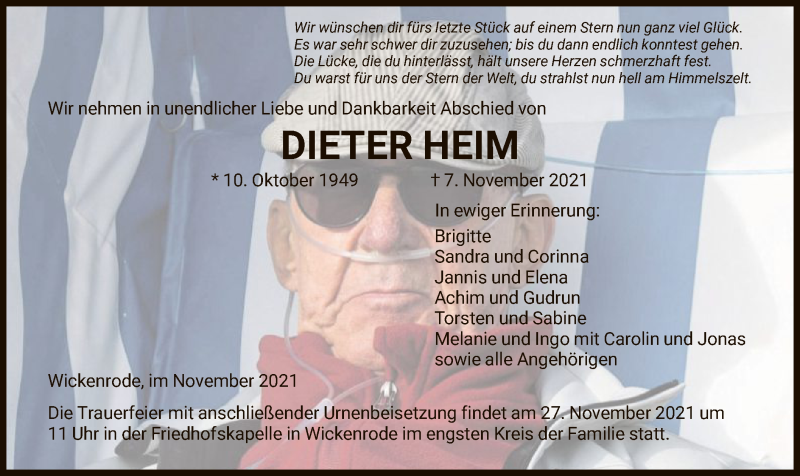  Traueranzeige für Dieter Heim vom 20.11.2021 aus HNA
