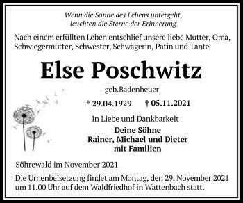 Traueranzeige von Else Poschwitz von HNA