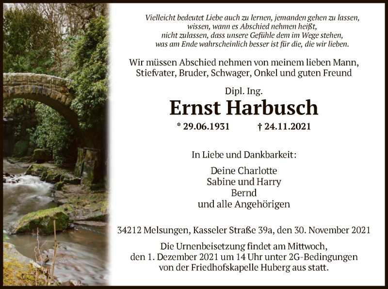  Traueranzeige für Ernst Harbusch vom 30.11.2021 aus HNA