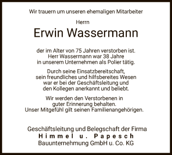 Traueranzeige von Erwin Wassermann von HNA