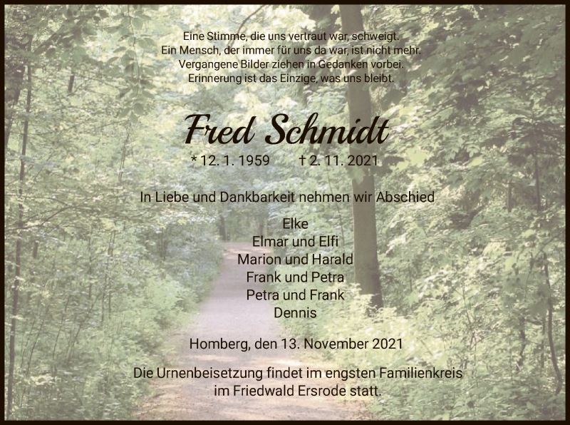  Traueranzeige für Fred Schmidt vom 13.11.2021 aus HNA