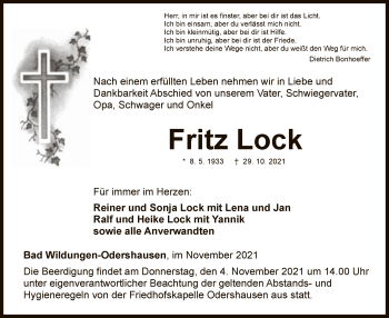 Traueranzeige von Fritz Lock von WLZ