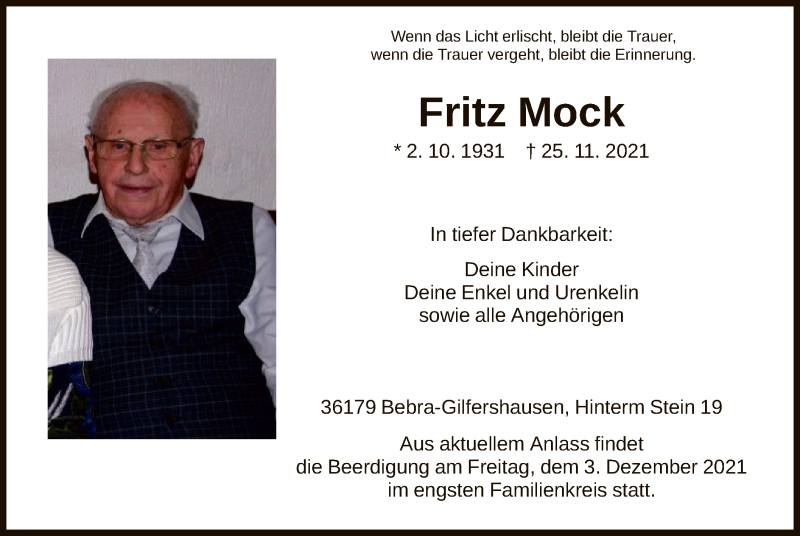  Traueranzeige für Fritz Mock vom 30.11.2021 aus HNA
