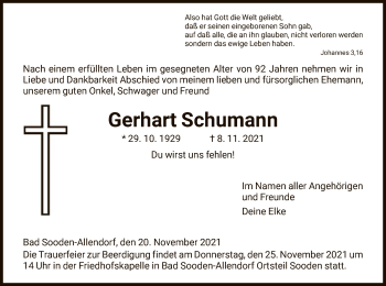 Traueranzeige von Gerhart Schumann von HNA