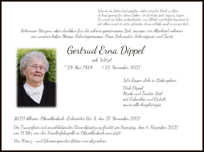 Traueranzeigen von Gertrud Erna Dippel | Trauer.HNA.de