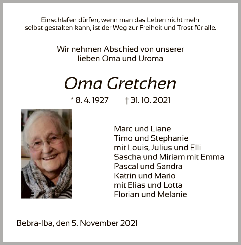 Traueranzeigen von Gretchen | Trauer.HNA.de