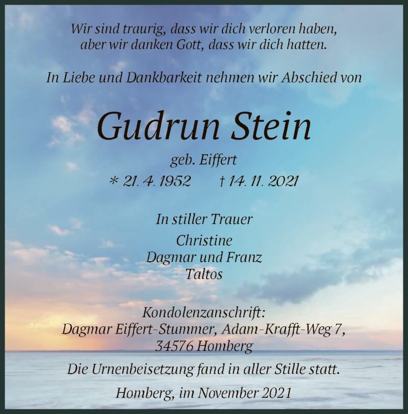  Traueranzeige für Gudrun Stein vom 27.11.2021 aus HNA