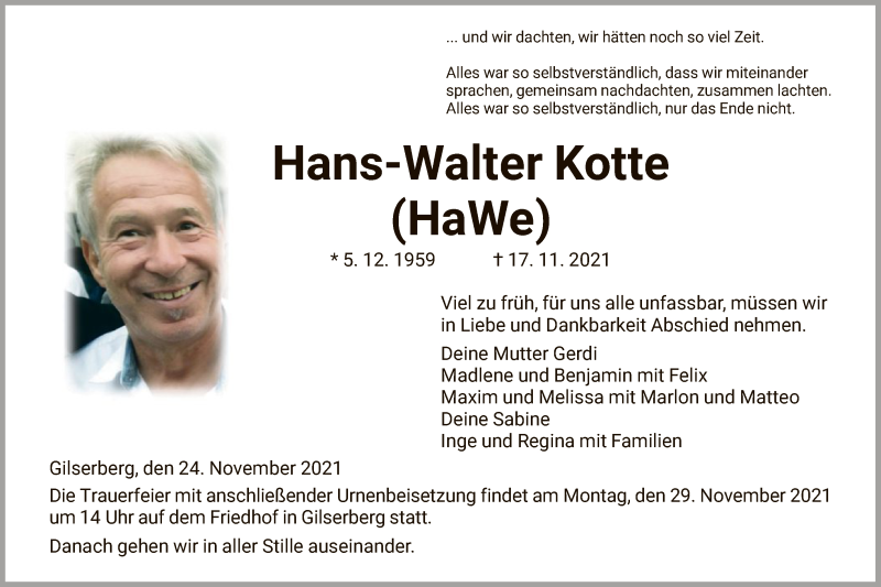  Traueranzeige für Hans-Walter Kotte vom 24.11.2021 aus HNA