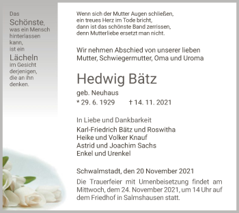 Traueranzeige von Hedwig Bätz von HNA