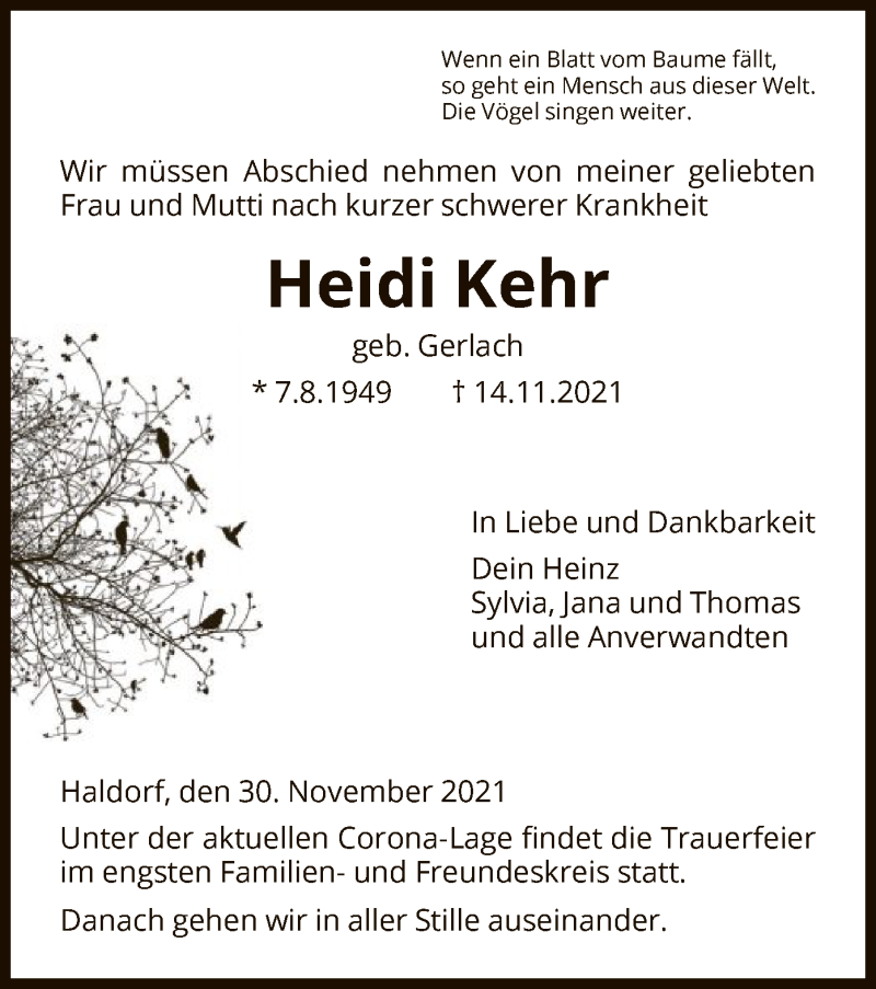  Traueranzeige für Heidi Kehr vom 30.11.2021 aus HNA