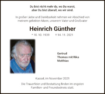 Traueranzeige von Heinrich Günther von HNA