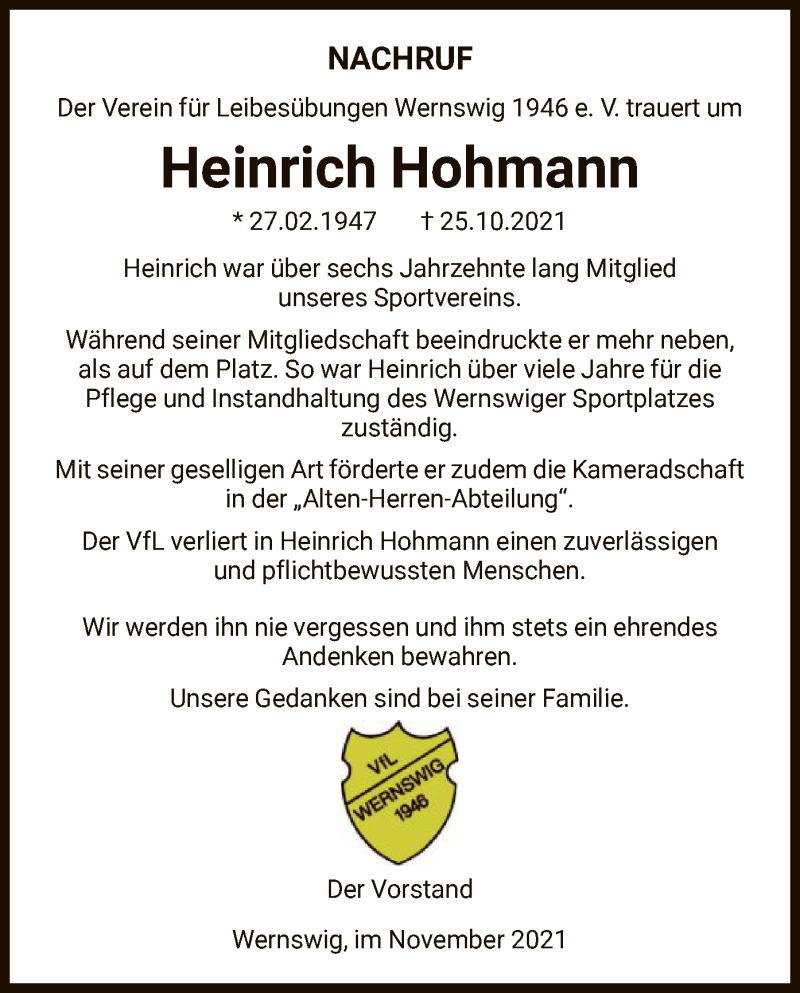  Traueranzeige für Heinrich Hohmann vom 06.11.2021 aus HNA