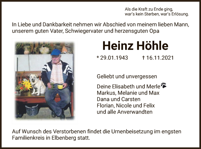  Traueranzeige für Heinz Höhle vom 20.11.2021 aus HNA