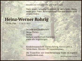 Traueranzeige von Heinz-Werner Rohrig von HNA