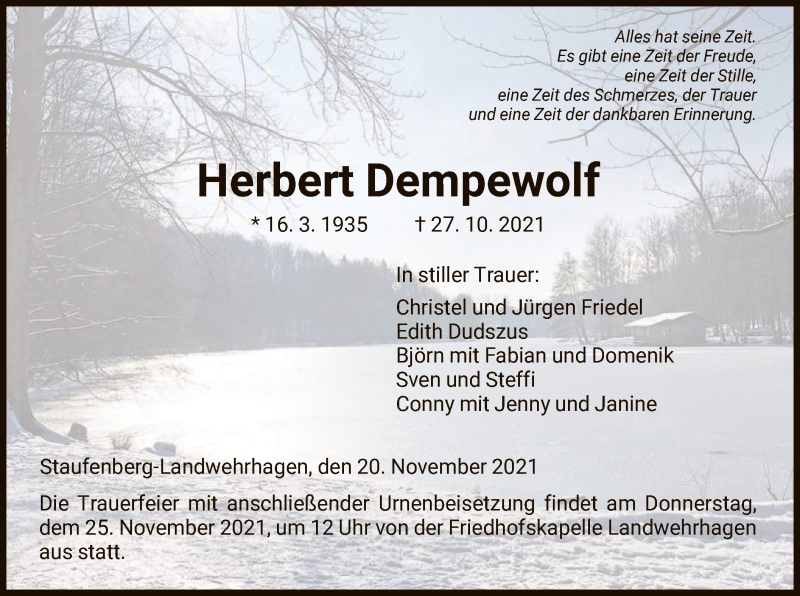  Traueranzeige für Herbert Dempewolf vom 20.11.2021 aus HNA