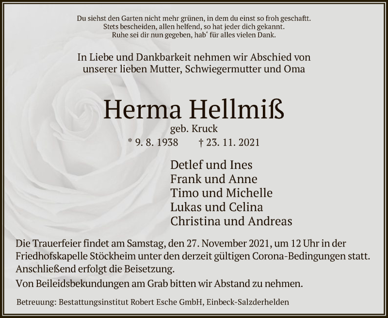  Traueranzeige für Herma Hellmiß vom 25.11.2021 aus HNA