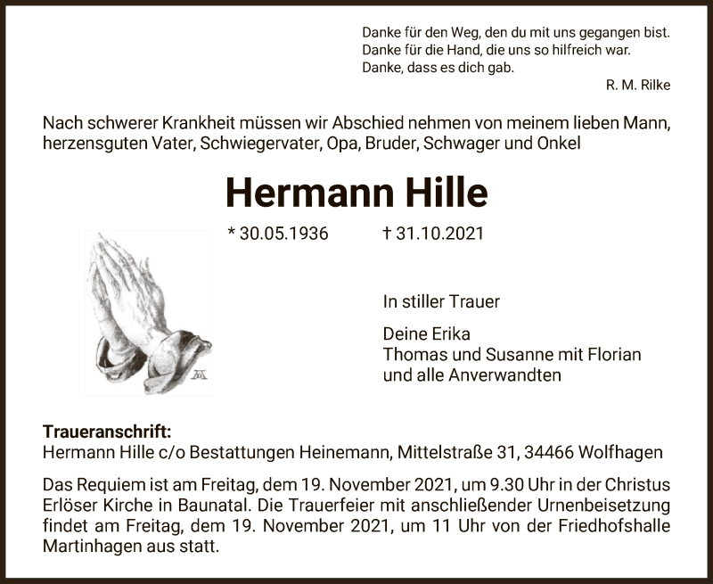  Traueranzeige für Hermann Hille vom 16.11.2021 aus HNA