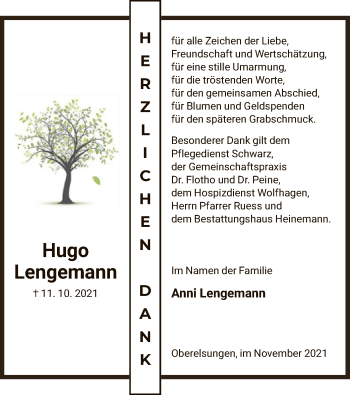 Traueranzeige von Hugo Lengemann von HNA